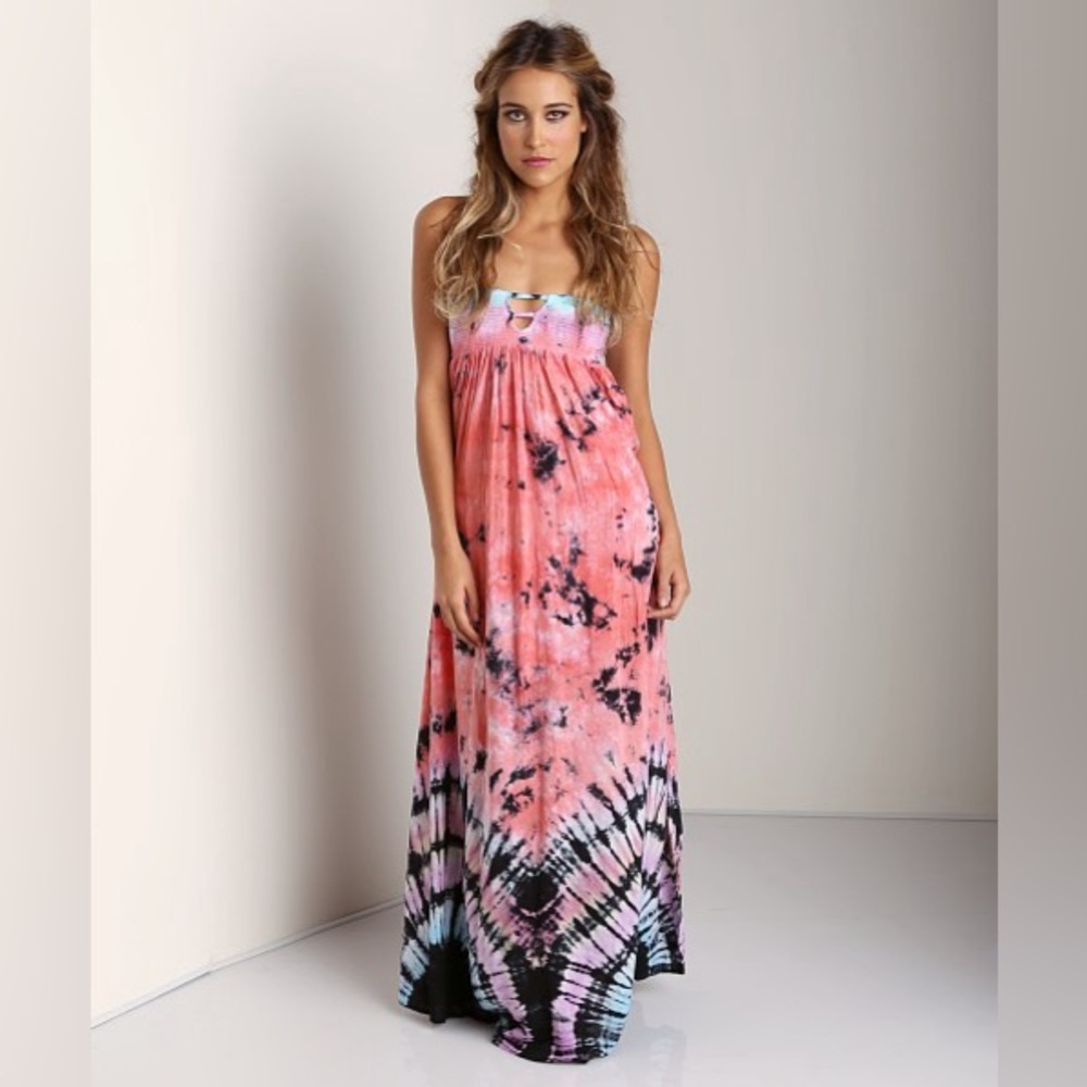 Indah Flamingo Strapless Smocked Bandeau Maxi Tie Dye Dress